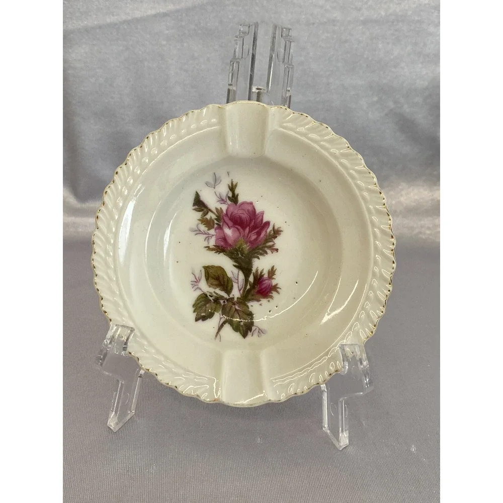 Vintage Petite Ashtray With Rose Centered Gold Edge Japan